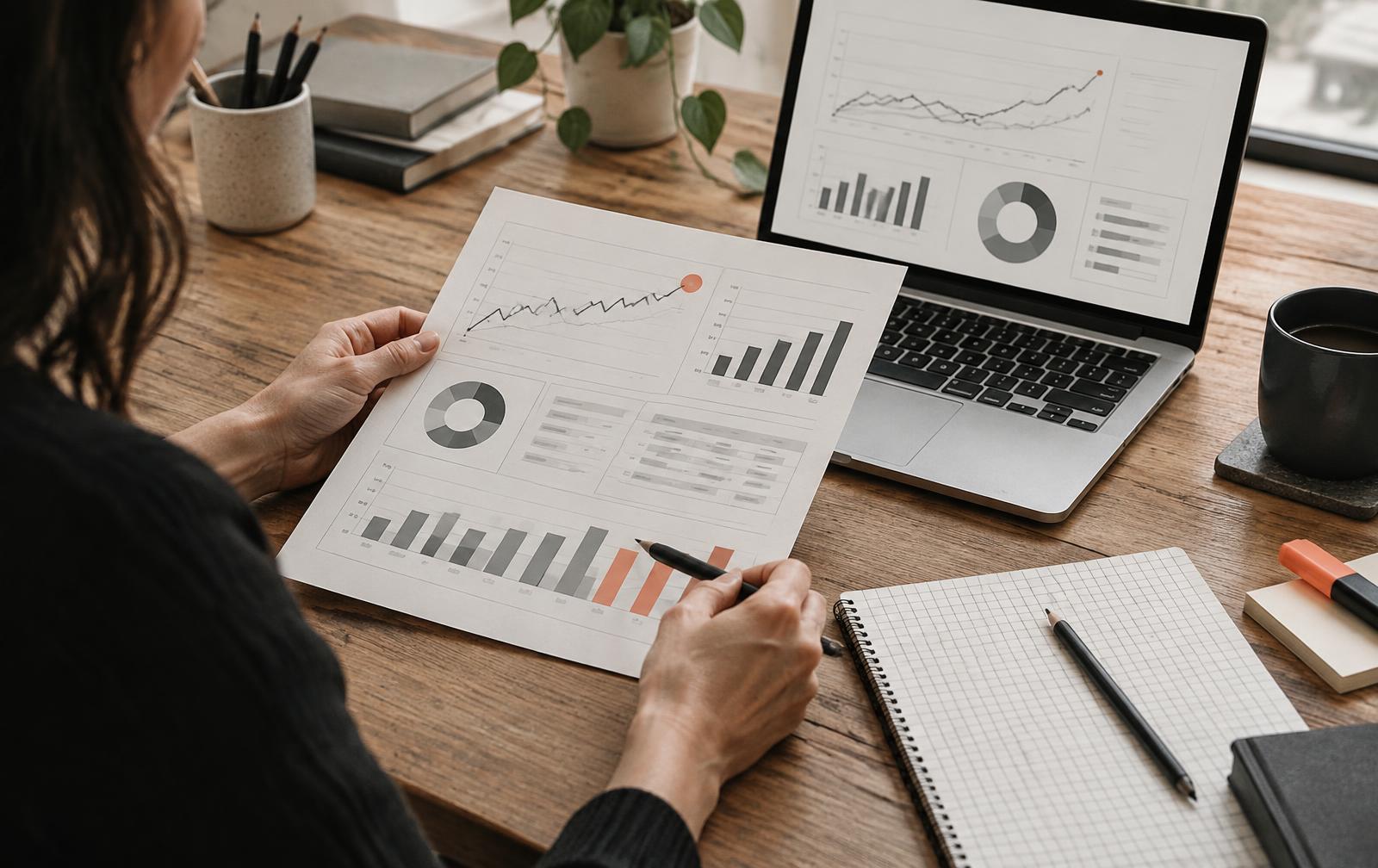 Especialista revisando un reporte de marketing con datos
